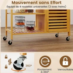 Deseerte à Roulette Cuisine en Bambou,3 Étagères, 1 Tiroir et 2 Portes, Porte Serviette,Plateau, pour Salon, Cuisine (1 Porte)