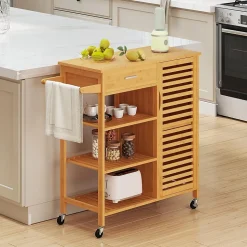 Deseerte à Roulette Cuisine en Bambou,3 Étagères, 1 Tiroir et 2 Portes, Porte Serviette,Plateau, pour Salon, Cuisine (1 Porte)