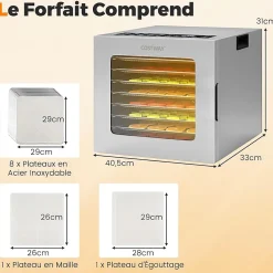 Deshydrateur Alimentaire 850W avec 8 Plateaux en Acier Inoxydable, Circulation d'Air, Fonctionnement Silencieux pour Fruits
