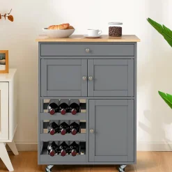 Desserte à roulettes avec Grand Espace de Rangement, en Bois avec Casiers à Vin pour 9 Bouteilles, Tiroir et 2 Placards (Gris)