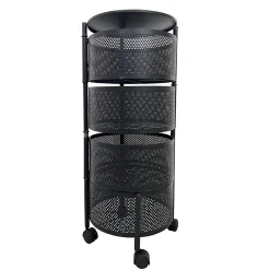Desserte à roulettes avec 4 tiroir rotatif, chariot mobile à 3 niveau, rangement, panier à légumes et fruits noir - D 33 x H 75 cm