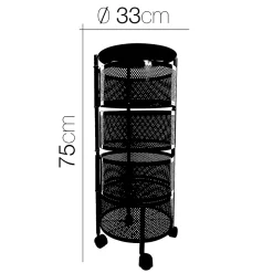 Desserte à roulettes avec 4 tiroir rotatif, chariot mobile à 3 niveau, rangement, panier à légumes et fruits noir - D 33 x H 75 cm