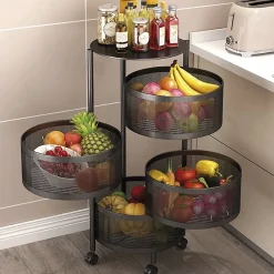 Desserte à roulettes avec 4 tiroir rotatif, chariot mobile à 3 niveau, rangement, panier à légumes et fruits noir - D 33 x H 75 cm