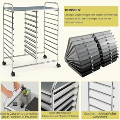 Desserte à Roulettes avec 20 Tiroirs Amovibles en Plastique,63 x 38 x 89 CM, Chariot de Rangement Cadre en Acier, Poignée Latéral