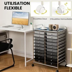 Desserte à Roulettes avec 20 Tiroirs Amovibles en Plastique,63 x 38 x 89 CM, Chariot de Rangement Cadre en Acier, Poignée Latéral