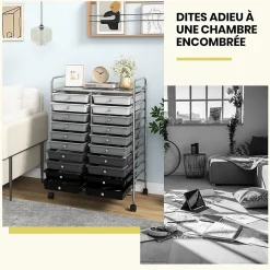 Desserte à Roulettes avec 20 Tiroirs Amovibles en Plastique,63 x 38 x 89 CM, Chariot de Rangement Cadre en Acier, Poignée Latéral