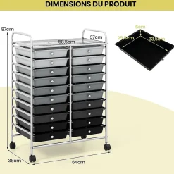Desserte à Roulettes avec 20 Tiroirs Amovibles en Plastique,63 x 38 x 89 CM, Chariot de Rangement Cadre en Acier, Poignée Latéral