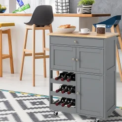 Desserte à roulettes avec Grand Espace de Rangement,en Bois avec Casiers à Vin pour 9 Bouteilles,Tiroir et 2 Placard (Brun)