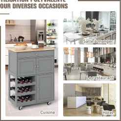 Desserte à roulettes avec Grand Espace de Rangement,en Bois avec Casiers à Vin pour 9 Bouteilles,Tiroir et 2 Placard (Brun)