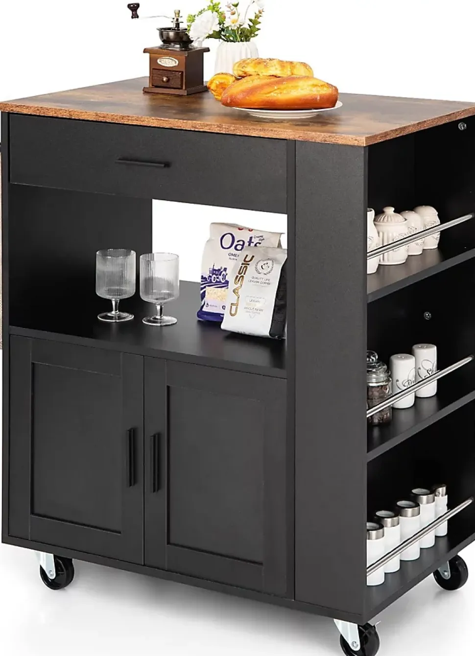 Desserte à roulettes Chariot en Bois avec Placard Tiroir et étagère Ouverte Support à épices 3 Niveaux Porte Serviettes