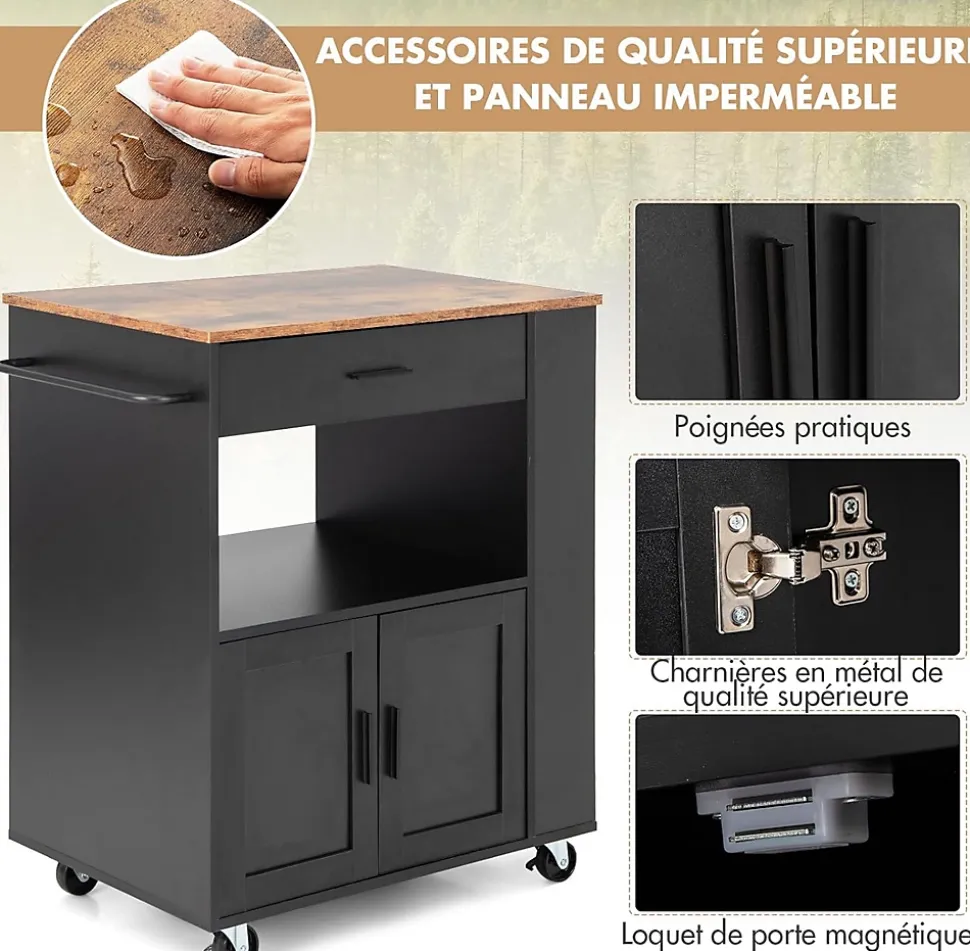 Desserte à roulettes Chariot en Bois avec Placard Tiroir et étagère Ouverte Support à épices 3 Niveaux Porte Serviettes