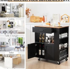 Desserte à roulettes Chariot en Bois avec Placard Tiroir et étagère Ouverte Support à épices 3 Niveaux Porte Serviettes