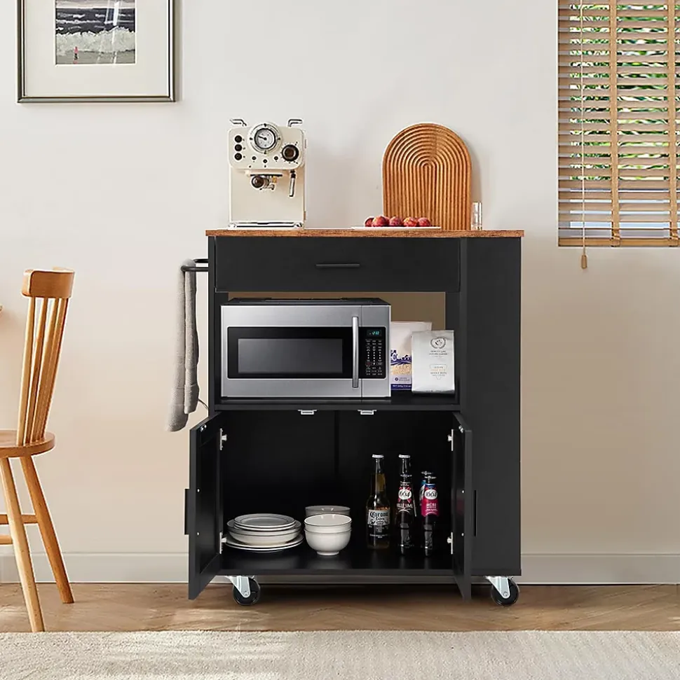 Desserte à roulettes Chariot en Bois avec Placard Tiroir et étagère Ouverte Support à épices 3 Niveaux Porte Serviettes