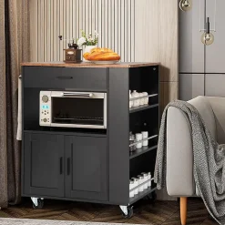 Desserte à roulettes Chariot en Bois avec Placard Tiroir et étagère Ouverte Support à épices 3 Niveaux Porte Serviettes