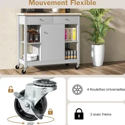 Desserte à roulettes de Cuisine avec Etagères Ouvertes Tiroirs Armoire Chariot de Cuisine Roulant avec 2 Roues Gris