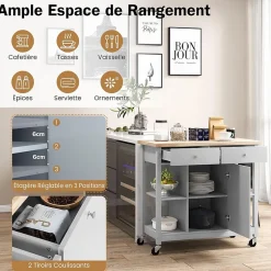 Desserte à roulettes de Cuisine avec Etagères Ouvertes Tiroirs Armoire Chariot de Cuisine Roulant avec 2 Roues Gris