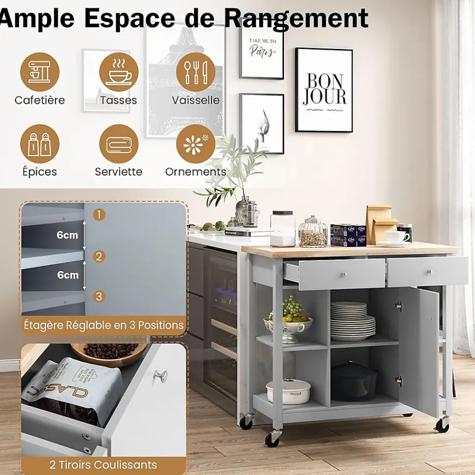 Desserte à roulettes de Cuisine avec Etagères Ouvertes Tiroirs Armoire Chariot de Cuisine Roulant avec 2 Roues Gris