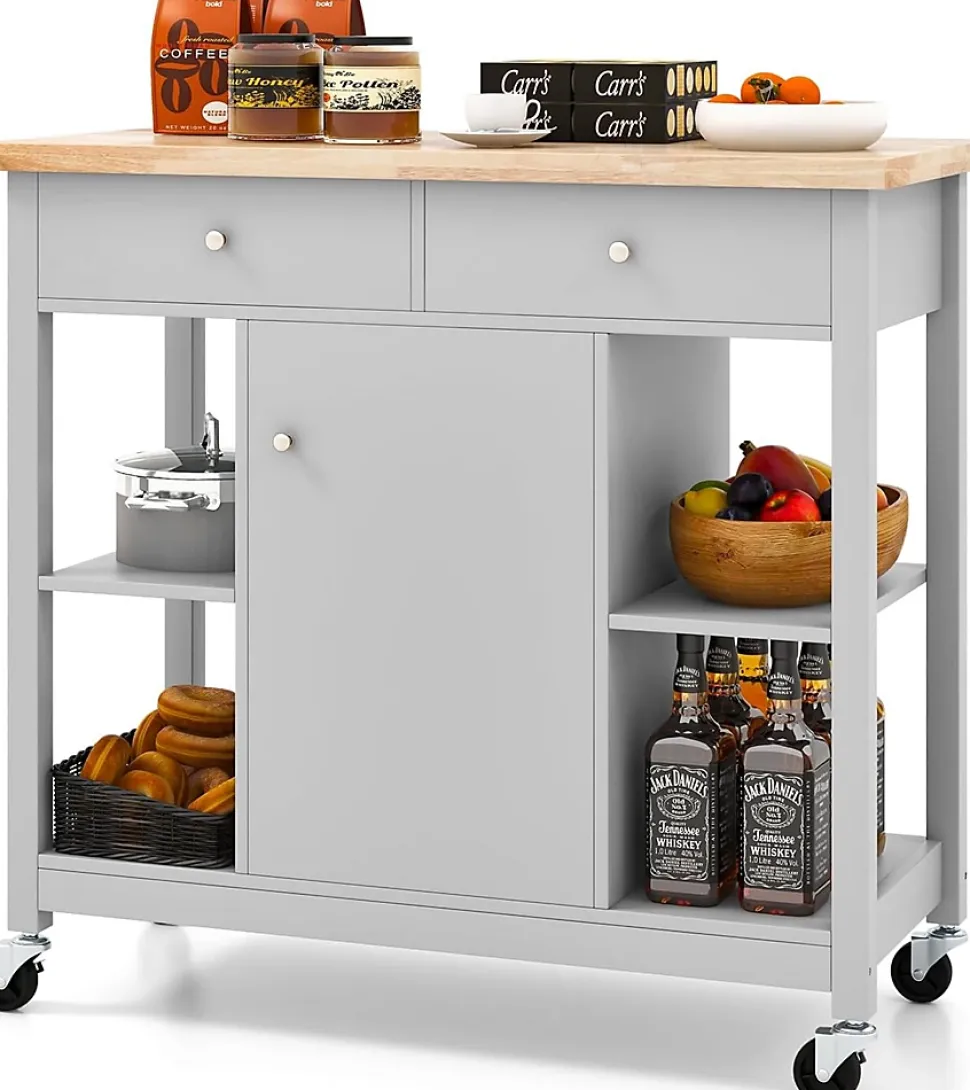 Desserte à roulettes de Cuisine avec Etagères Ouvertes Tiroirs Armoire Chariot de Cuisine Roulant avec 2 Roues Gris