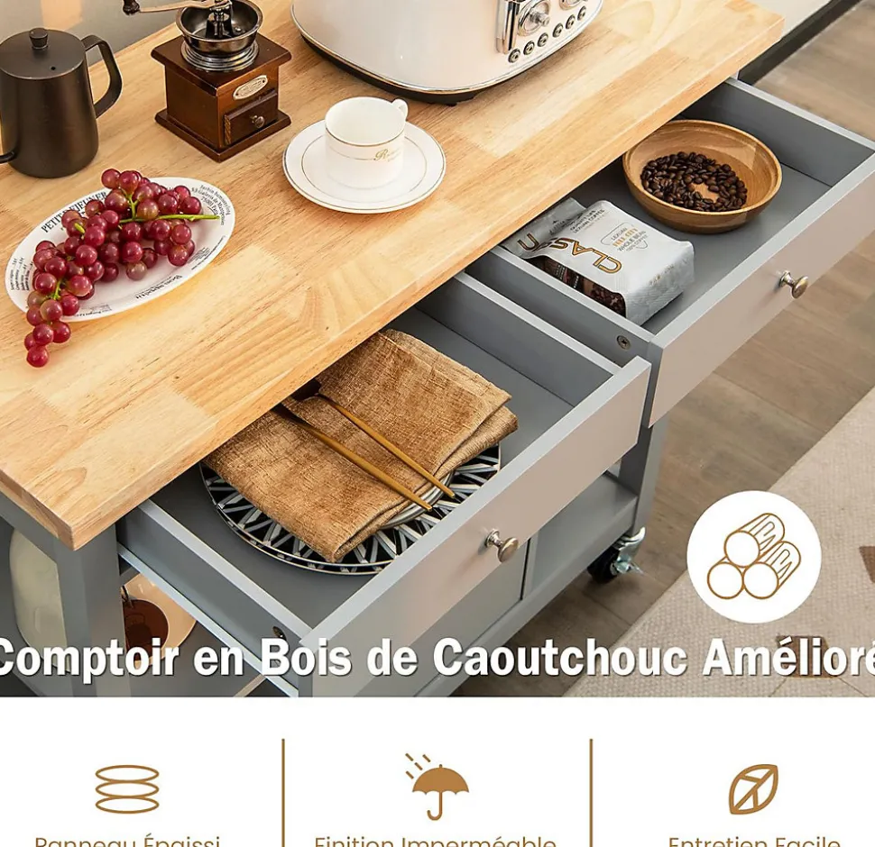 Desserte à roulettes de Cuisine avec Etagères Ouvertes Tiroirs Armoire Chariot de Cuisine Roulant avec 2 Roues Gris