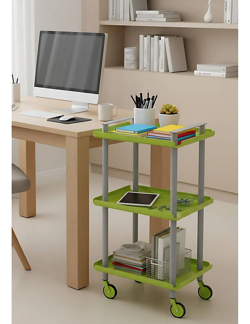 Desserte à roulettes, desserte de service Leky, métallique, 3 niveaux. Gris