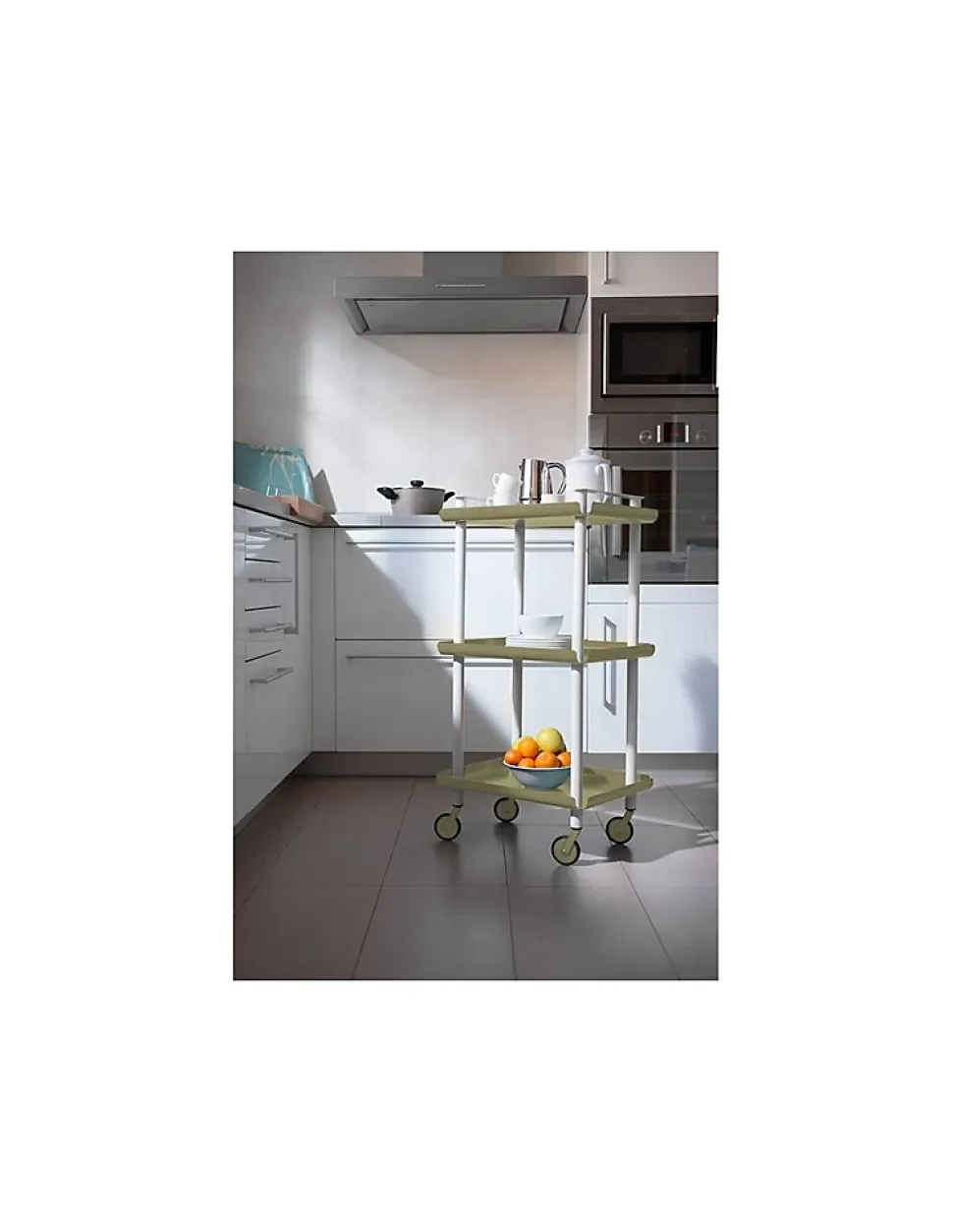 Desserte à roulettes, desserte de service Leky, 3 plateaux. Structure métallique tube à double montant blanc