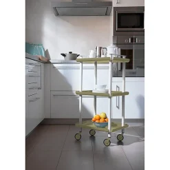 Desserte à roulettes, desserte de service Leky, 3 plateaux. Structure métallique tube à double montant blanc