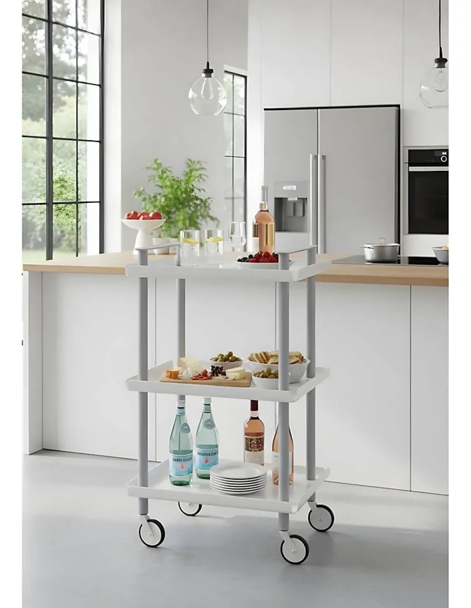 Desserte à roulettes, desserte de service Leky, métallique, 3 niveaux. Gris