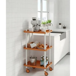 Desserte à roulettes, desserte de service Leky, 3 plateaux. Structure métallique tube à double montant blanc