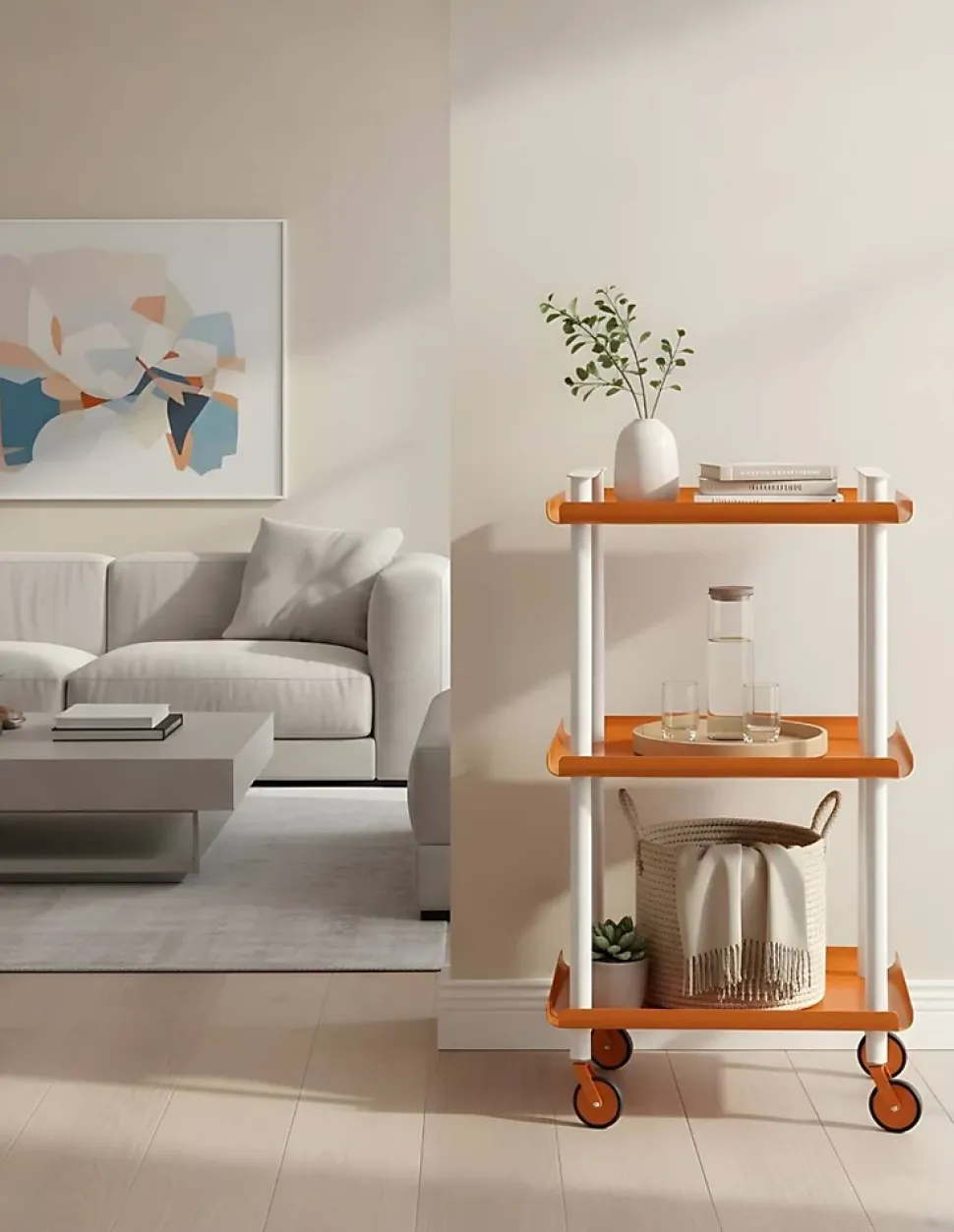 Desserte à roulettes, desserte de service Leky, 3 plateaux. Structure métallique tube à double montant blanc