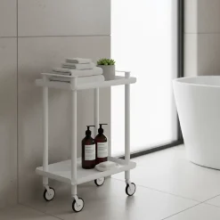 Desserte à roulettes, desserte de service Leky, métallique, 2 niveaux. Structure blanche