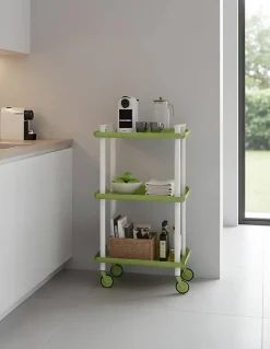 Desserte à roulettes, desserte de service Leky, 3 plateaux. Structure métallique tube à double montant blanc