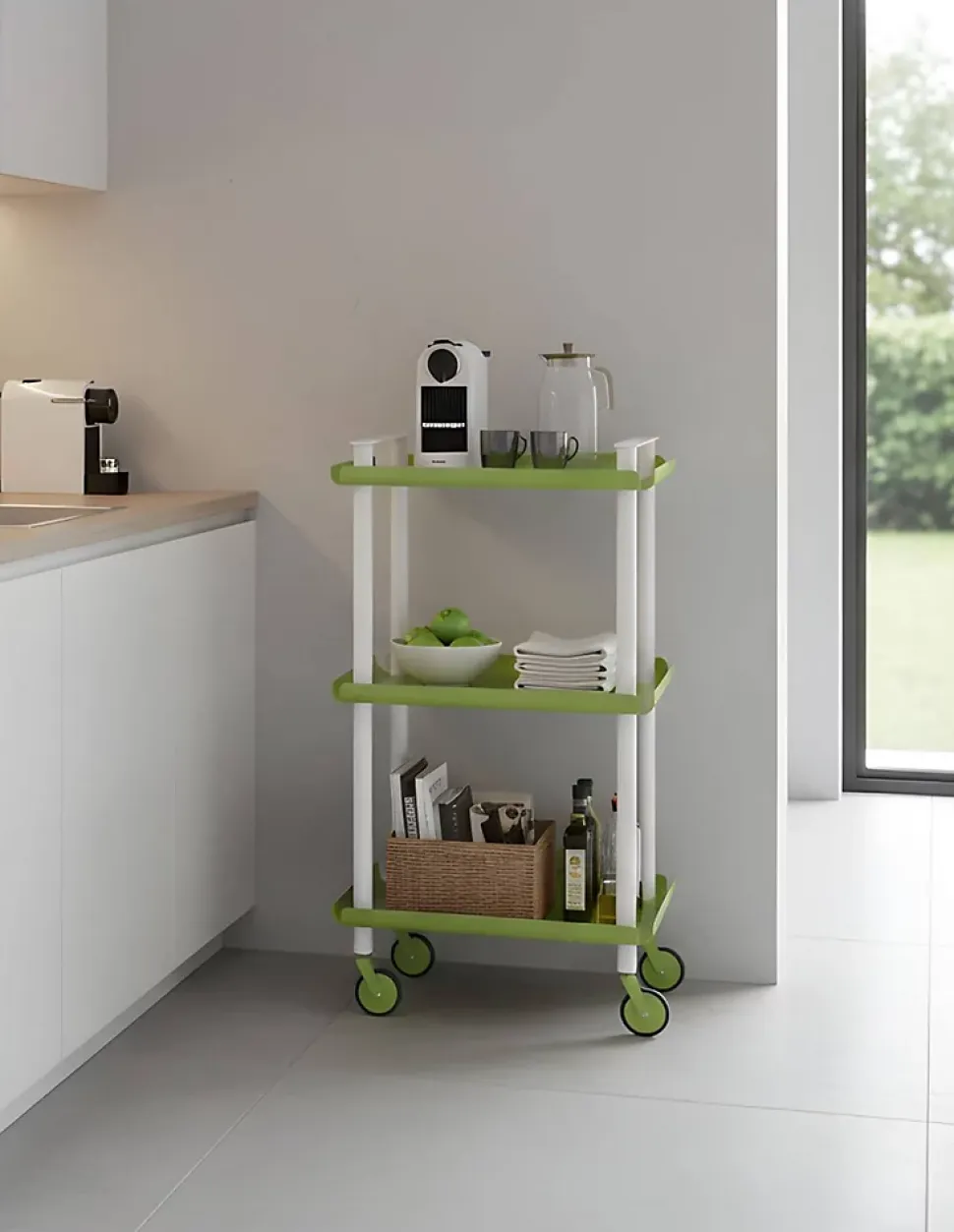 Desserte à roulettes, desserte de service Leky, 3 plateaux. Structure métallique tube à double montant blanc