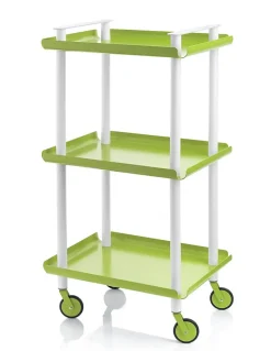 Desserte à roulettes, desserte de service Leky, 3 plateaux. Structure métallique tube à double montant blanc