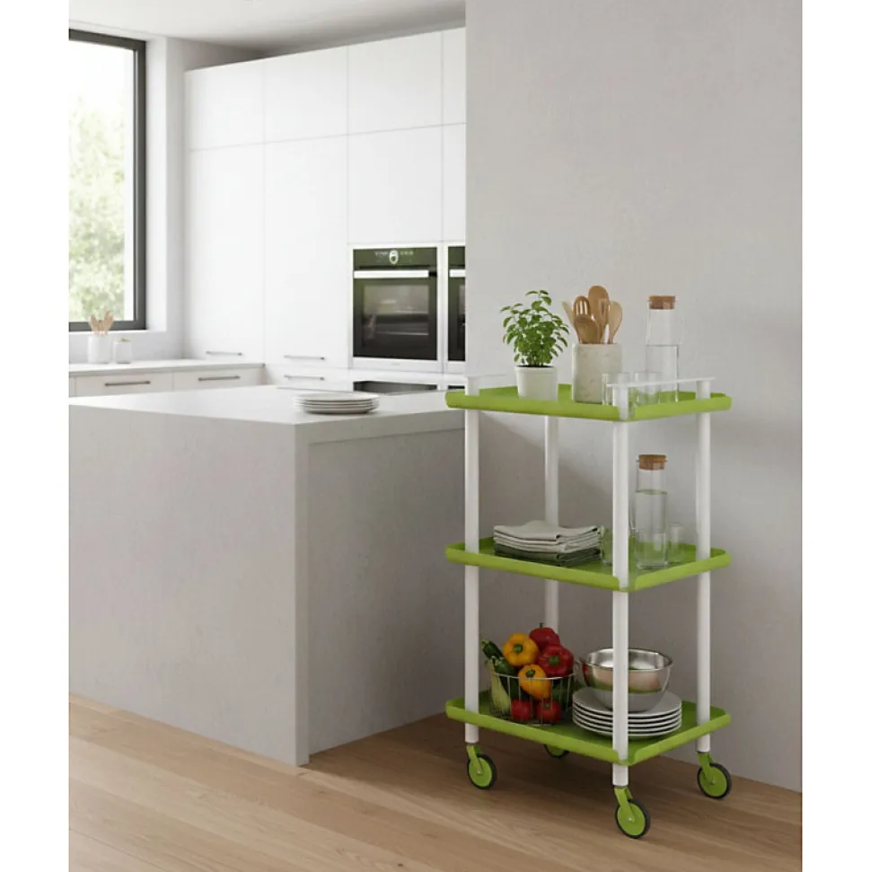 Desserte à roulettes, desserte de service Leky, 3 plateaux. Structure métallique tube à double montant blanc