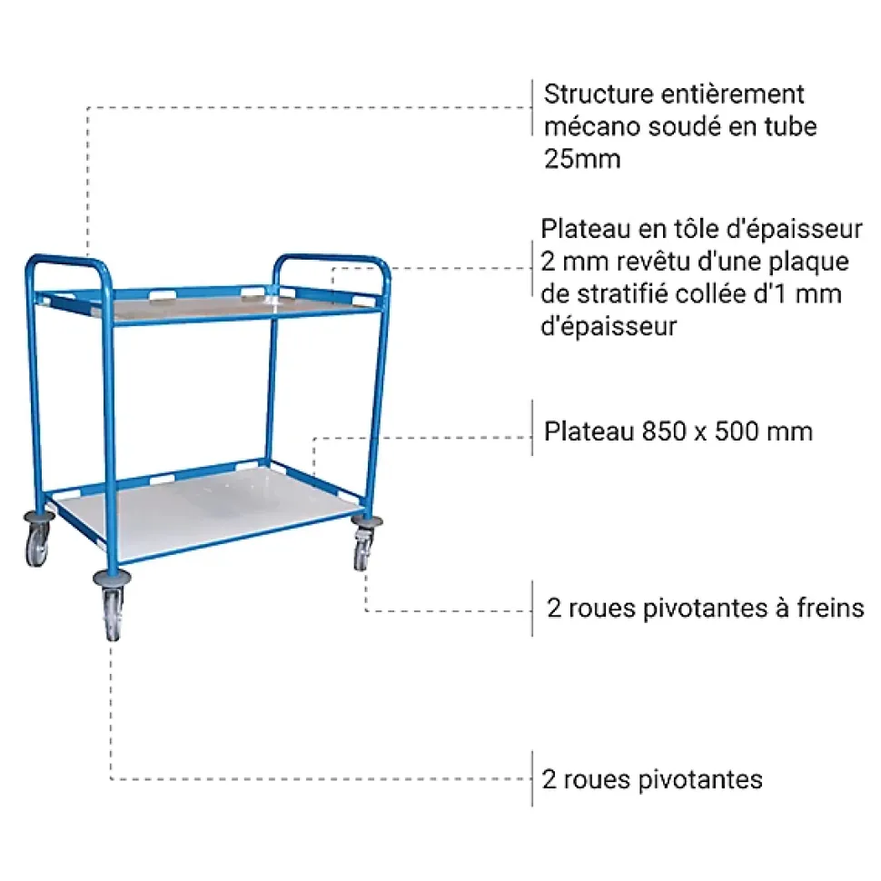 Desserte cantine tôle BLEU 2 plateaux 850x500mm - charge max 200kg - 880008989