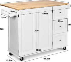 Desserte Chariot de Cuisine à Roulettes avec 1 Armoire à 3 Niveaux et 3 Tiroirs 2 Planches Réglables et Plateau Pliable Blanc