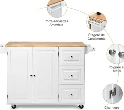 Desserte Chariot de Cuisine à Roulettes avec 1 Armoire à 3 Niveaux et 3 Tiroirs 2 Planches Réglables et Plateau Pliable Blanc