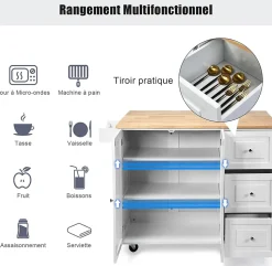 Desserte Chariot de Cuisine à Roulettes avec 1 Armoire à 3 Niveaux et 3 Tiroirs 2 Planches Réglables et Plateau Pliable Blanc