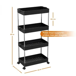 Desserte, chariot de rangement à roulettes large - 4 étagères - Noir - Linxor