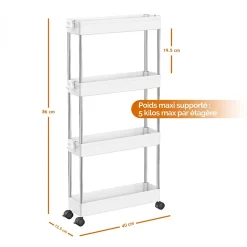 Desserte, chariot de rangement à roulettes étroit - 4 étagères - Blanc - Linxor