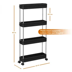 Desserte, chariot de rangement à roulettes étroit - 4 étagères - Noir - Linxor