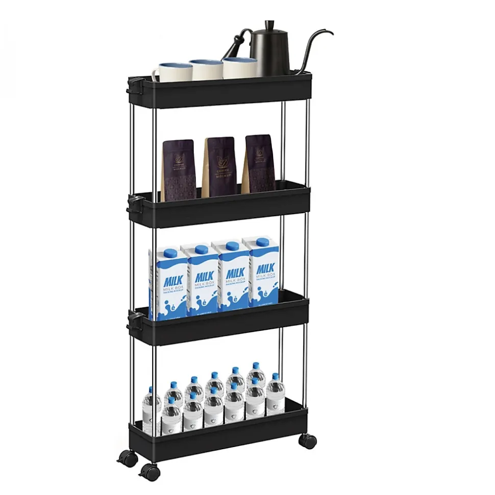 Desserte, chariot de rangement à roulettes étroit - 4 étagères - Noir - Linxor
