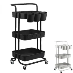 Desserte, chariot de rangement à roulettes avec poignée - 3 étagères - Noir - Vivezen