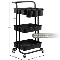 Desserte, chariot de rangement à roulettes avec poignée - 3 étagères - Noir - Vivezen