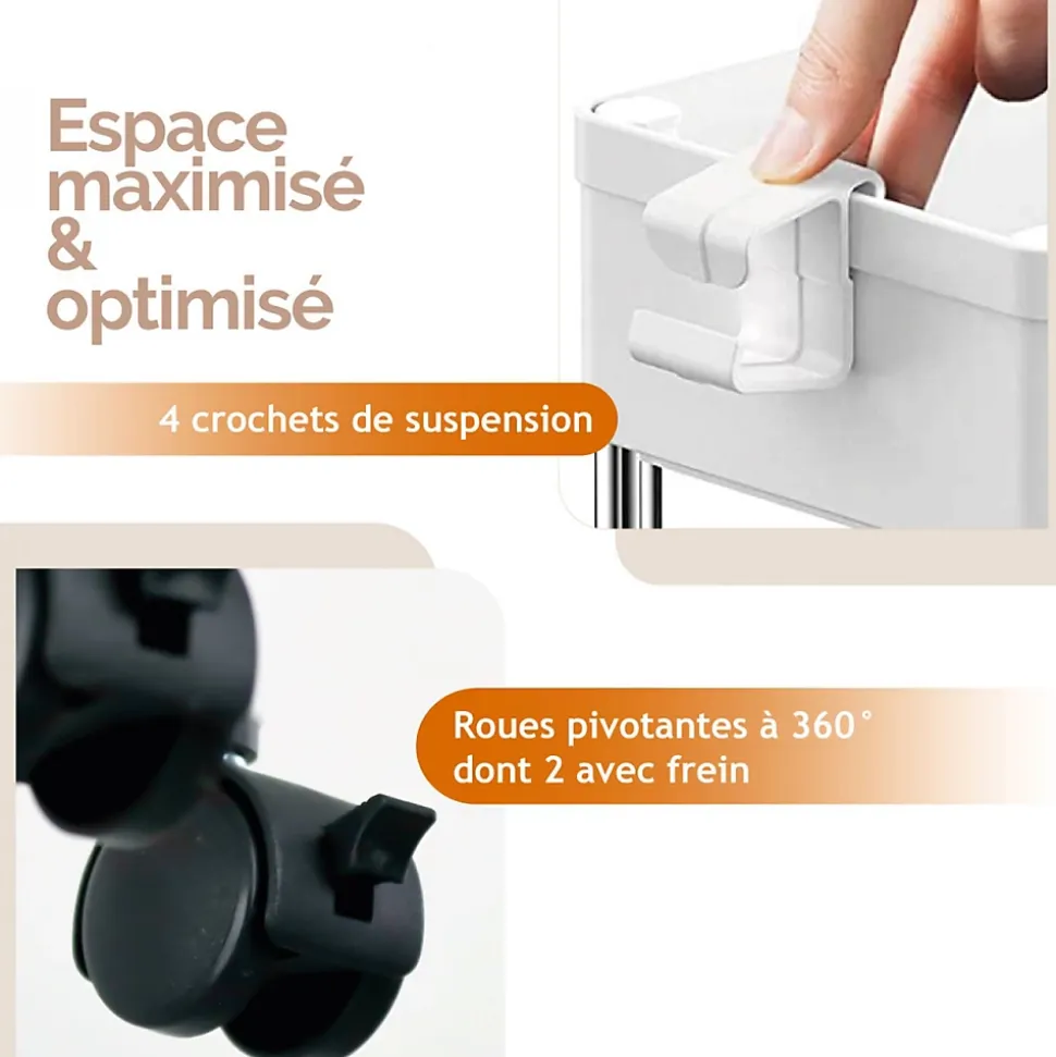 Desserte, chariot de rangement à roulettes large - 4 étagères - Blanc - Linxor