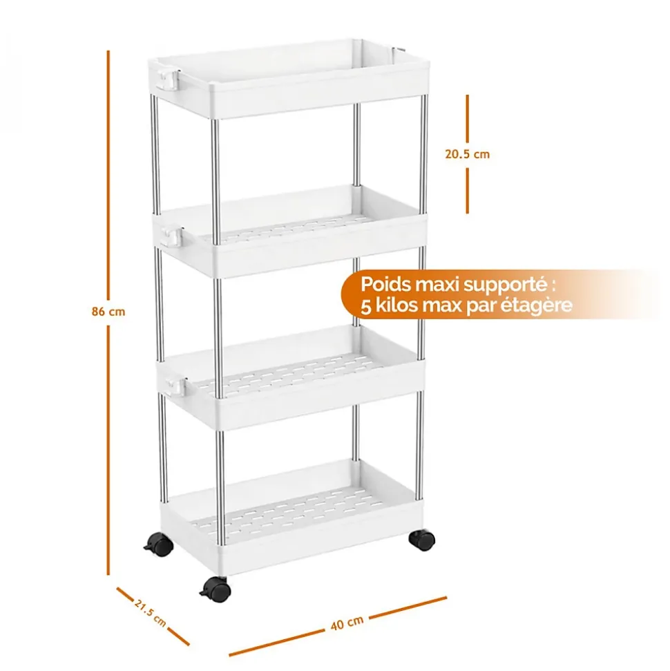 Desserte, chariot de rangement à roulettes large - 4 étagères - Blanc - Linxor