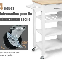 Desserte Chariot Îlot de Cuisine avec Comptoir en Bois Hévéa avec Tiroir Porte Serviettes Porte Bouteilles de Vin Blanc