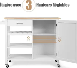 Desserte Chariot Îlot de Cuisine avec Comptoir en Bois Hévéa avec Tiroir Porte Serviettes Porte Bouteilles de Vin Blanc