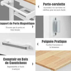 Desserte Chariot Îlot de Cuisine avec Comptoir en Bois Hévéa avec Tiroir Porte Serviettes Porte Bouteilles de Vin Blanc