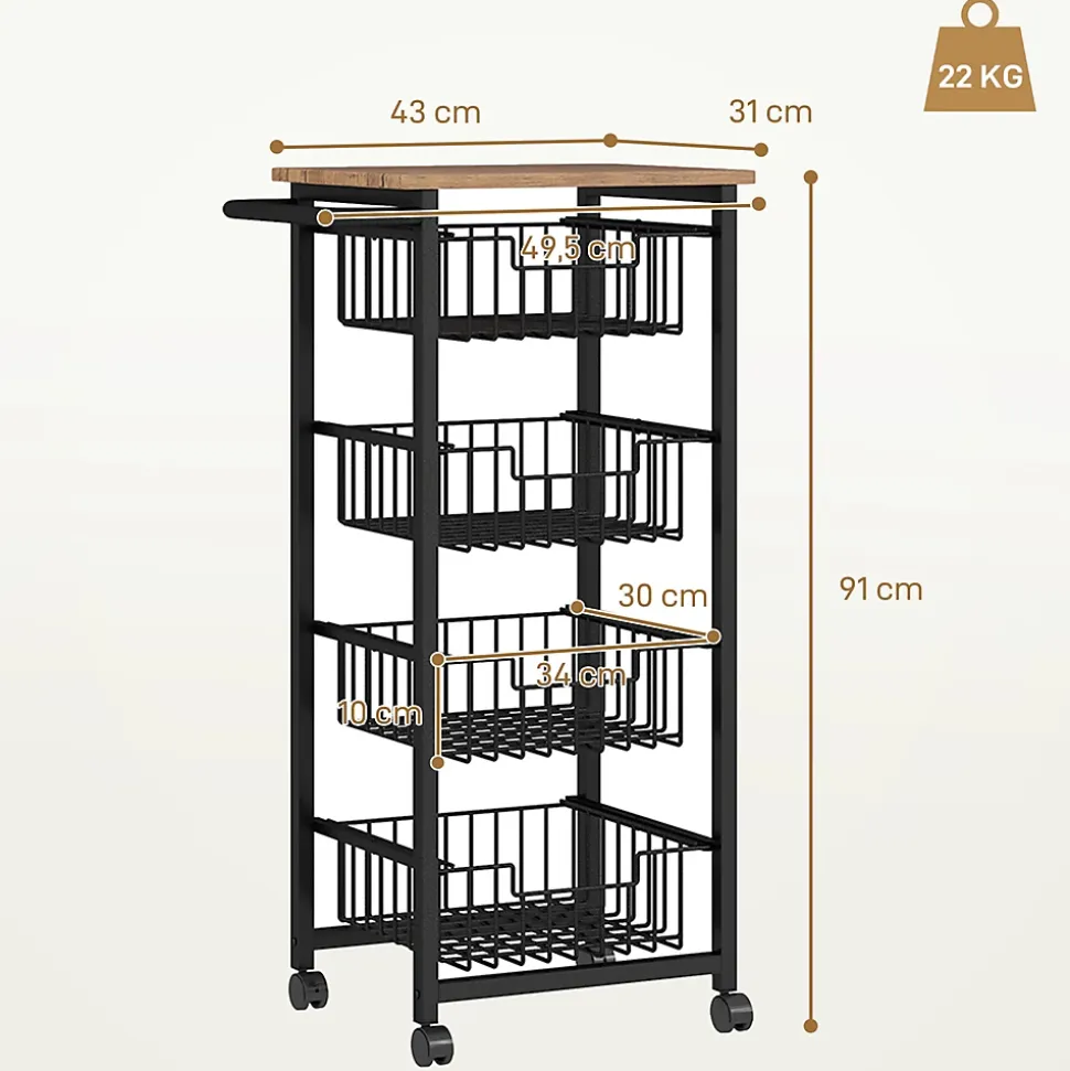 Desserte cuisine 4 paniers 4 roulettes pivotantes poignée acier noir plateau effet bois